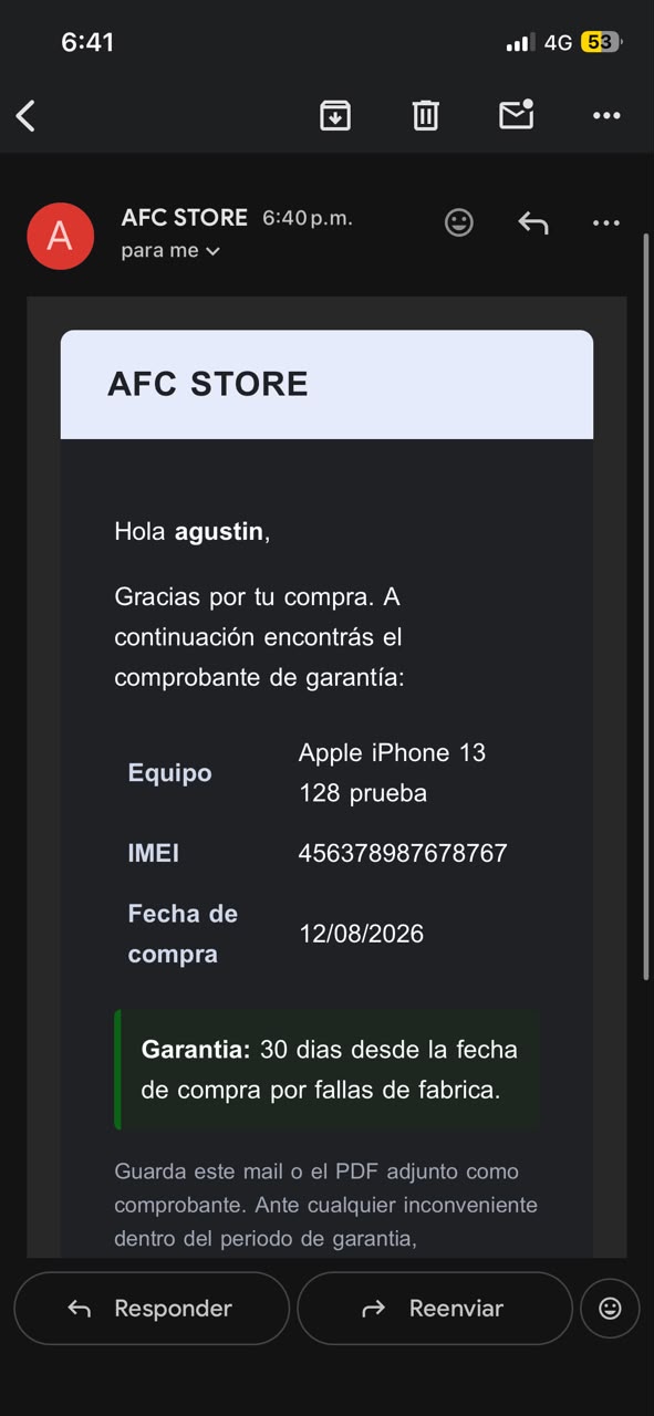 Mail de garantía