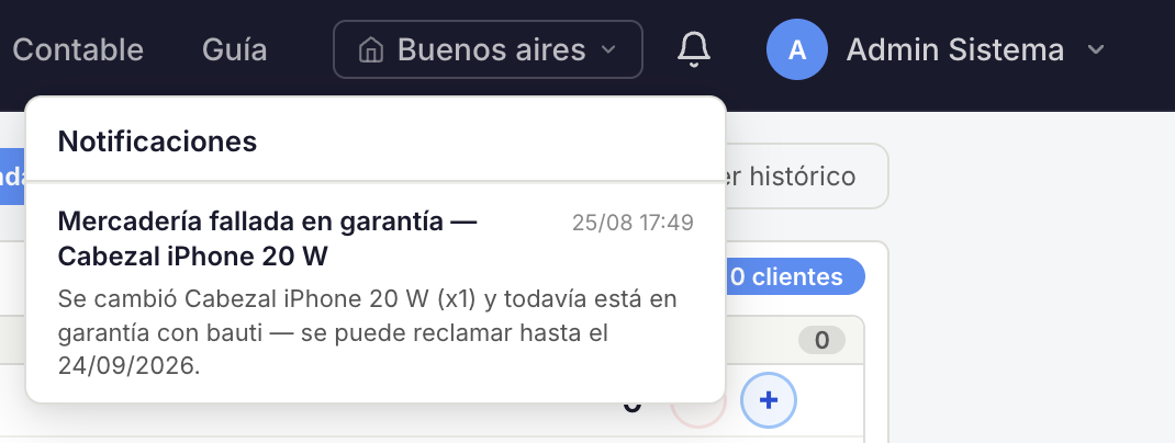 Notificaciones de mercadería fallada